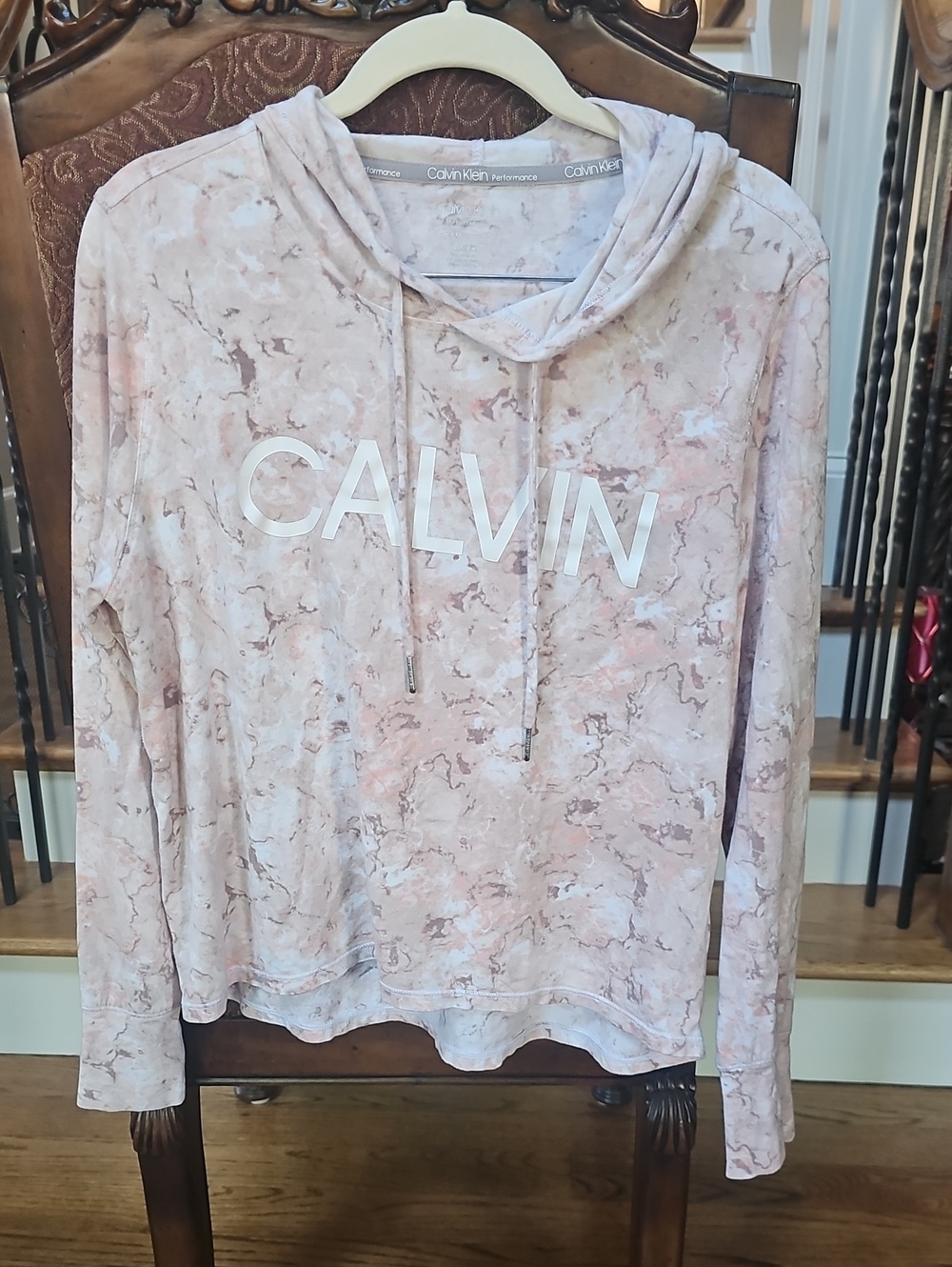 Calvin Klein Performance Stretch Marble-Print Pink Hooded Pullover Size Small